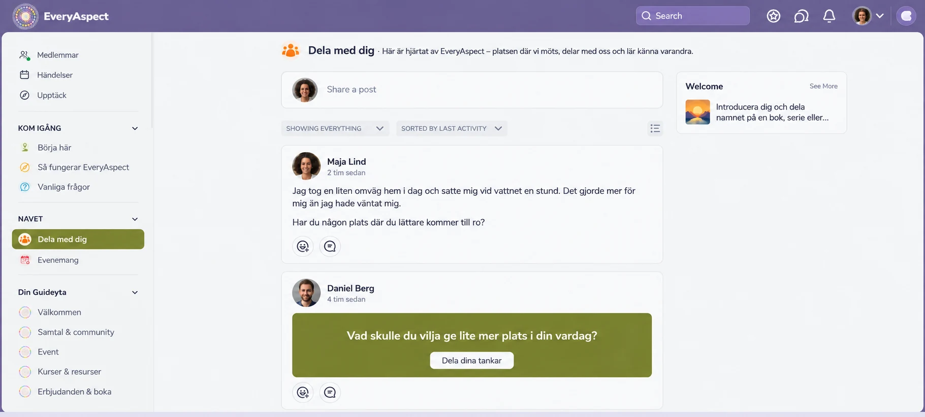 Exempelvy av samtalsflödet i EveryAspects community: en meny med utrymmen till vänster och två inlägg från fiktiva exempelprofiler, det ena med en fråga att svara på.