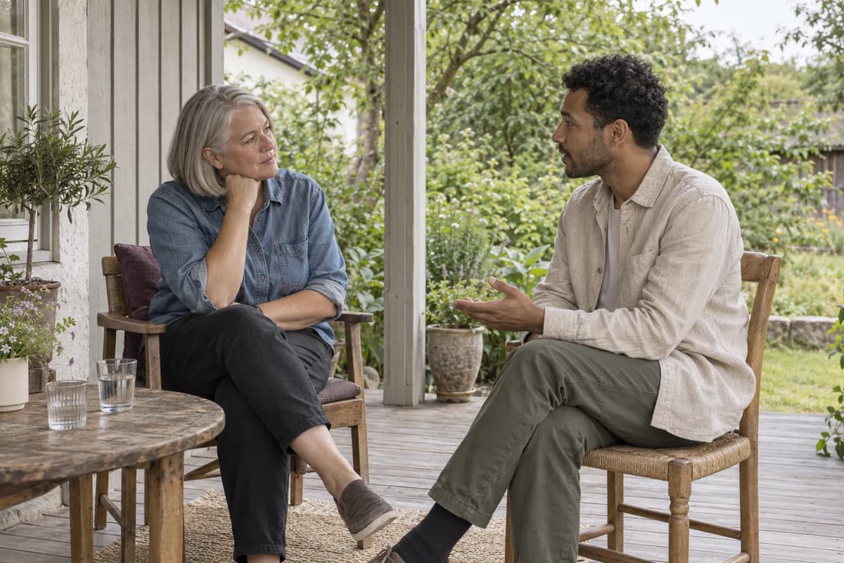 Två personer sitter i samtal på en veranda med grönska utanför.